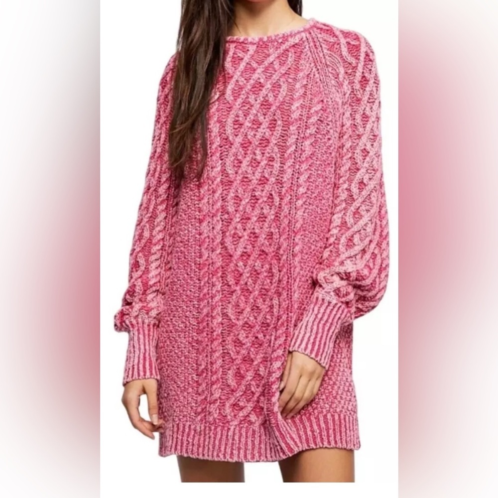 Free people sweater dress pink cable knit long sleeve pullover tunic size xs